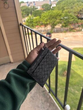 COACH Black Signature Card Case with Key Ring